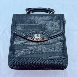 MC brighton Vintage Black Faux‎ Croc Top Handle Bag Silver Heart Filigree Clasp